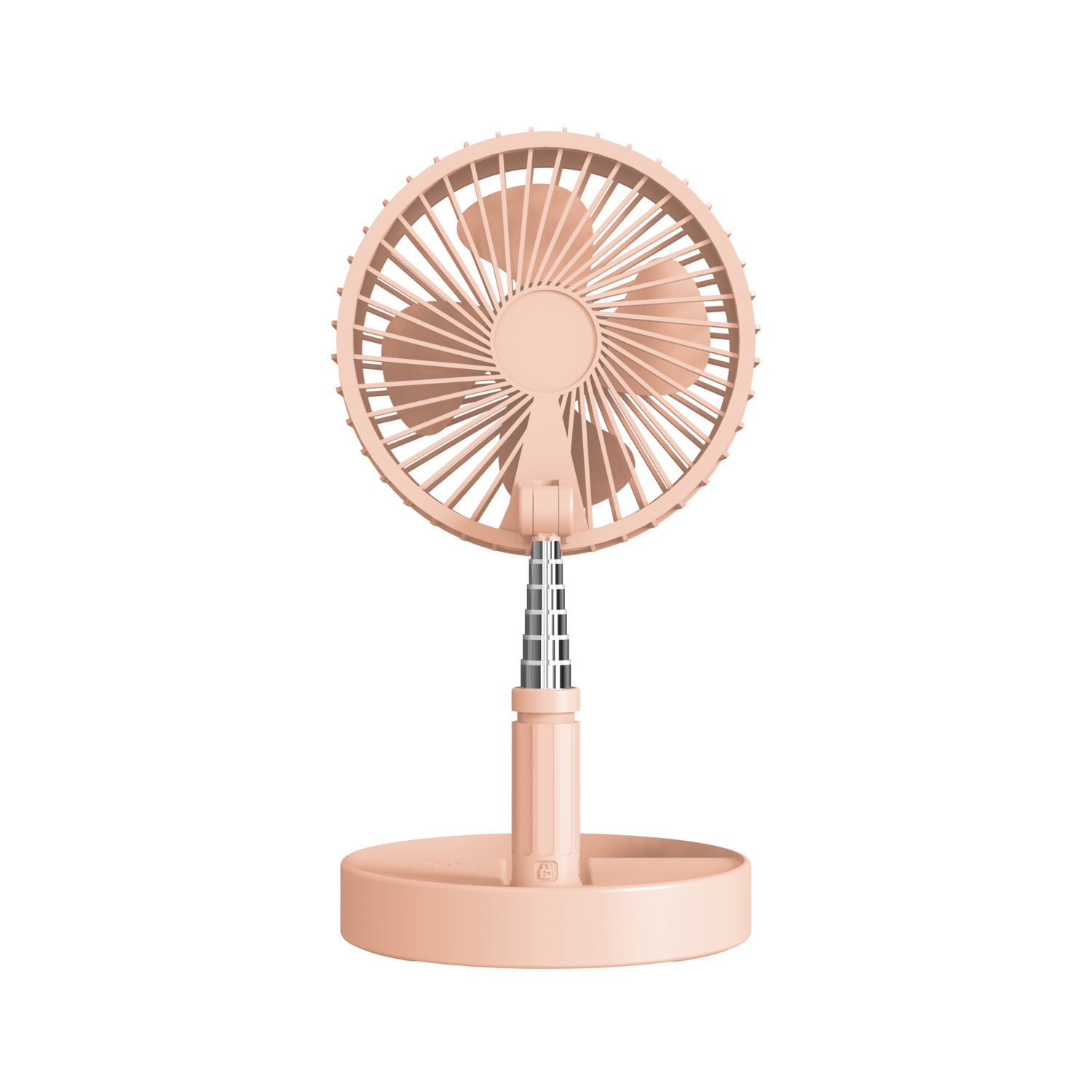 Un ventilateur pêche avec col pliable et base ronde sur fond blanc.