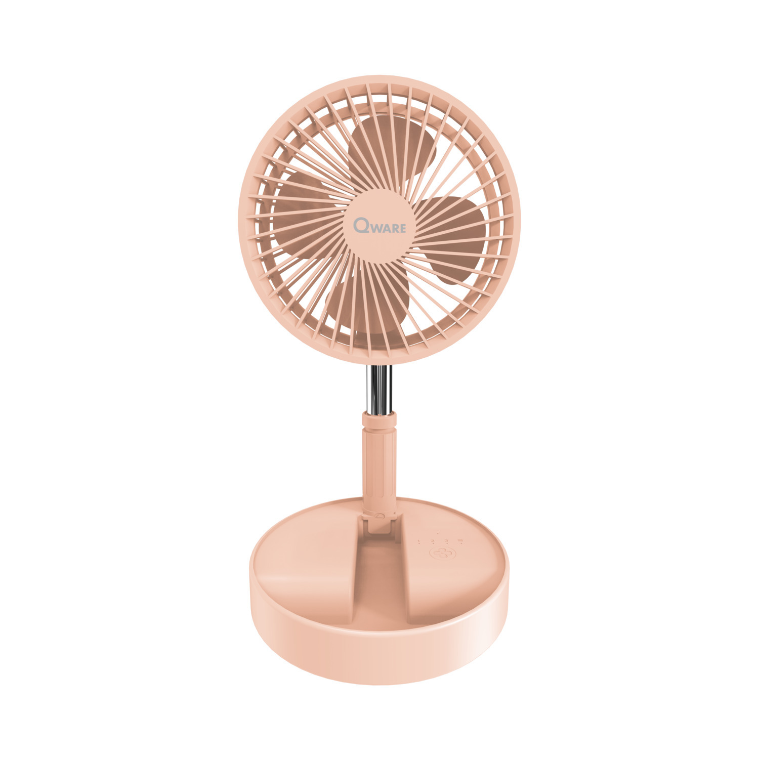 Un ventilateur de table rose clair sur fond blanc. Il a une tête ronde et une base circulaire.