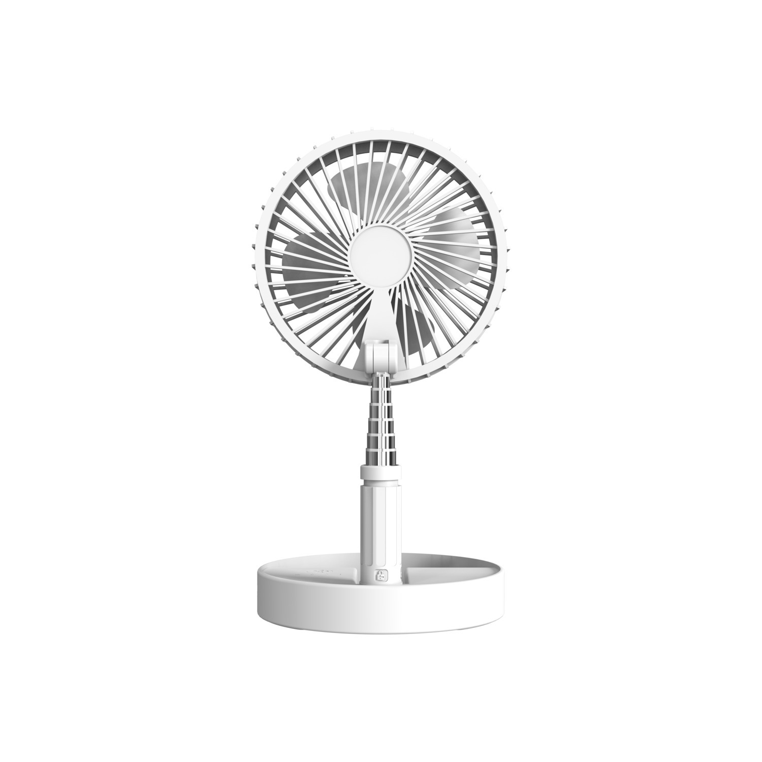 Ventilateur blanc pliable sur fond blanc. Les pales du ventilateur sont visibles. La base est ronde.