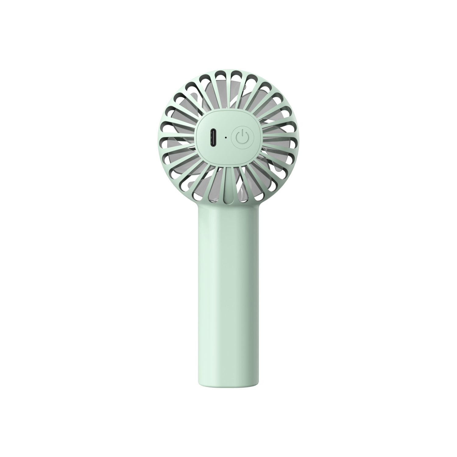 Ventilateur portable vert menthe avec un bouton. Fond blanc.