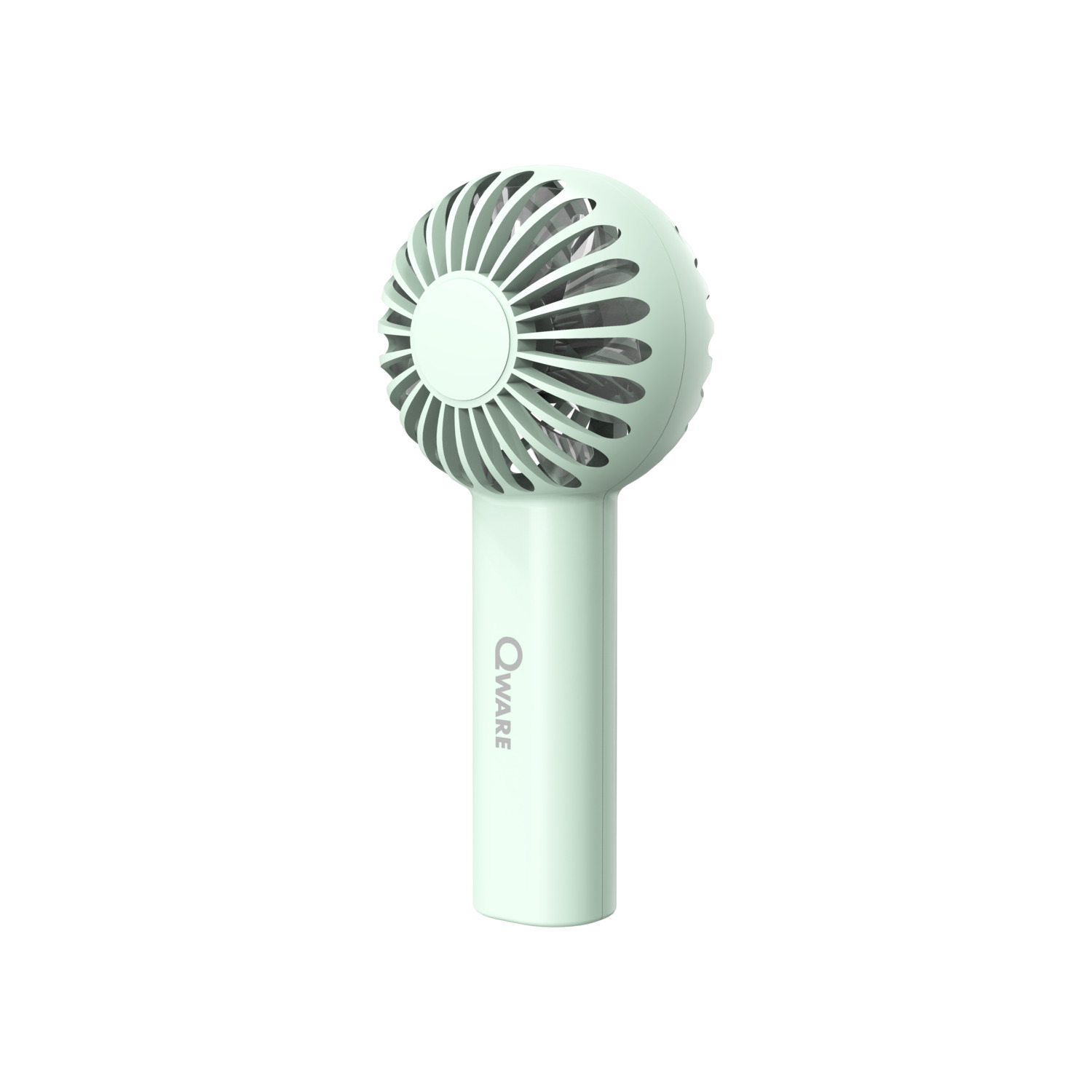 Un ventilateur portatif vert clair avec une poignée et une tête de ventilateur circulaire sur fond blanc.