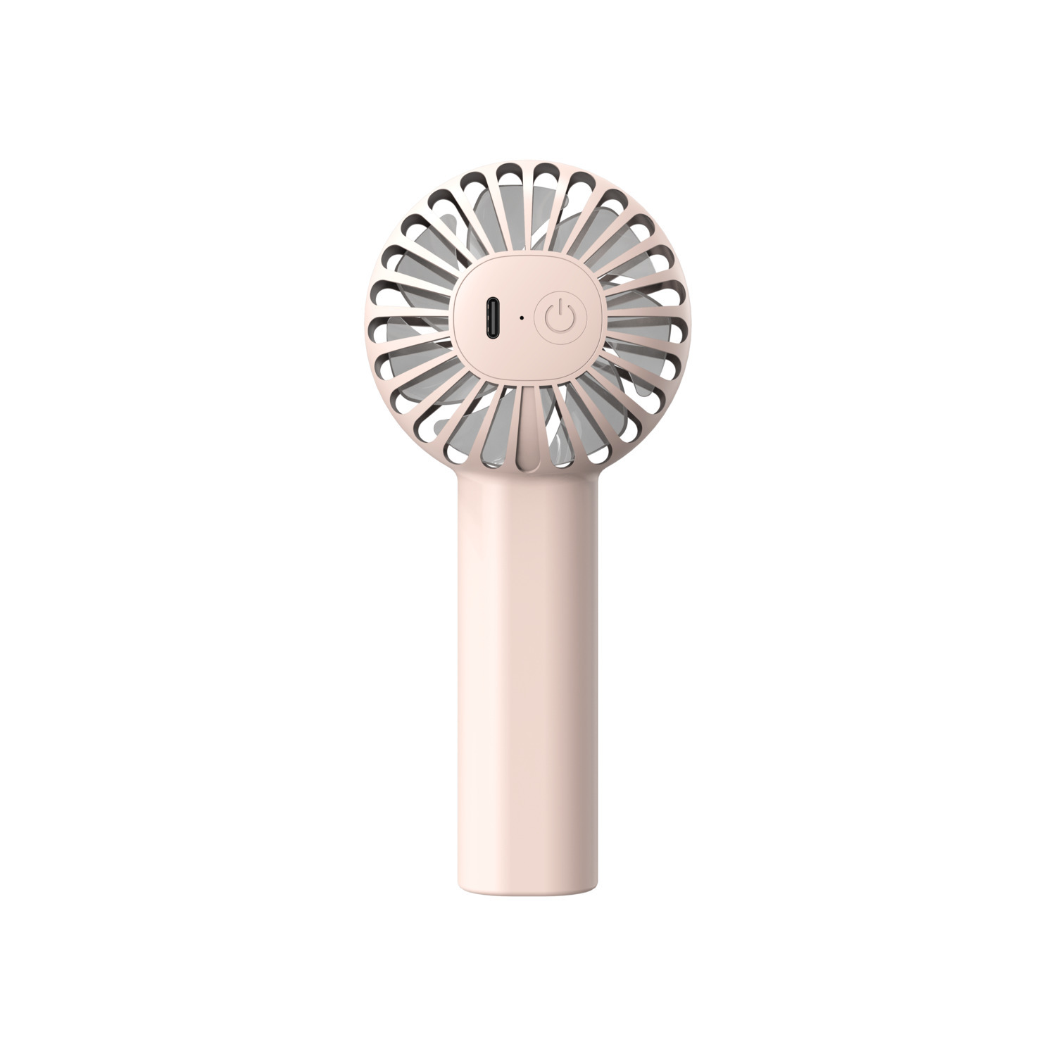 Pink portable fan with a button, and a usb port. Features a circular design.