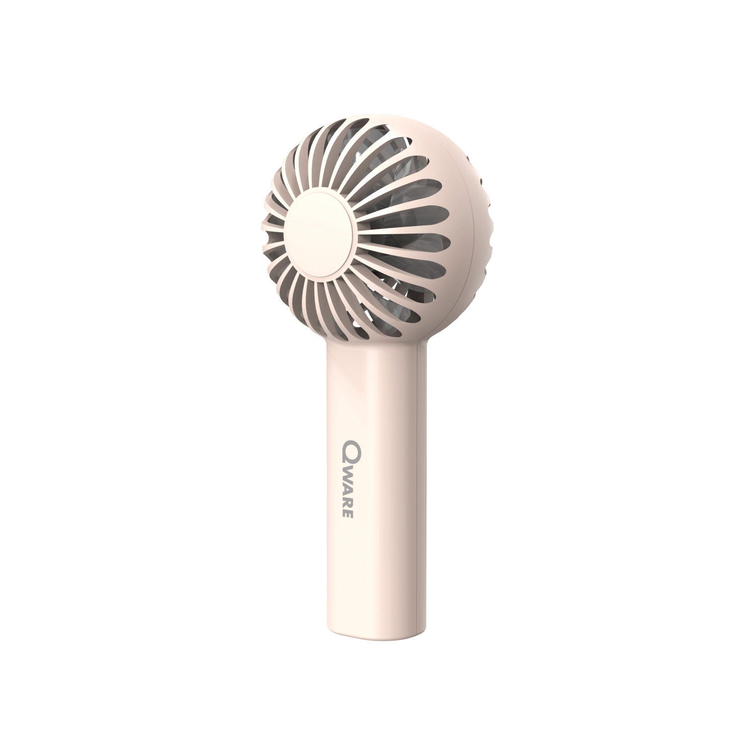 Handheld fan, light pink with a round fan head and a long handle.