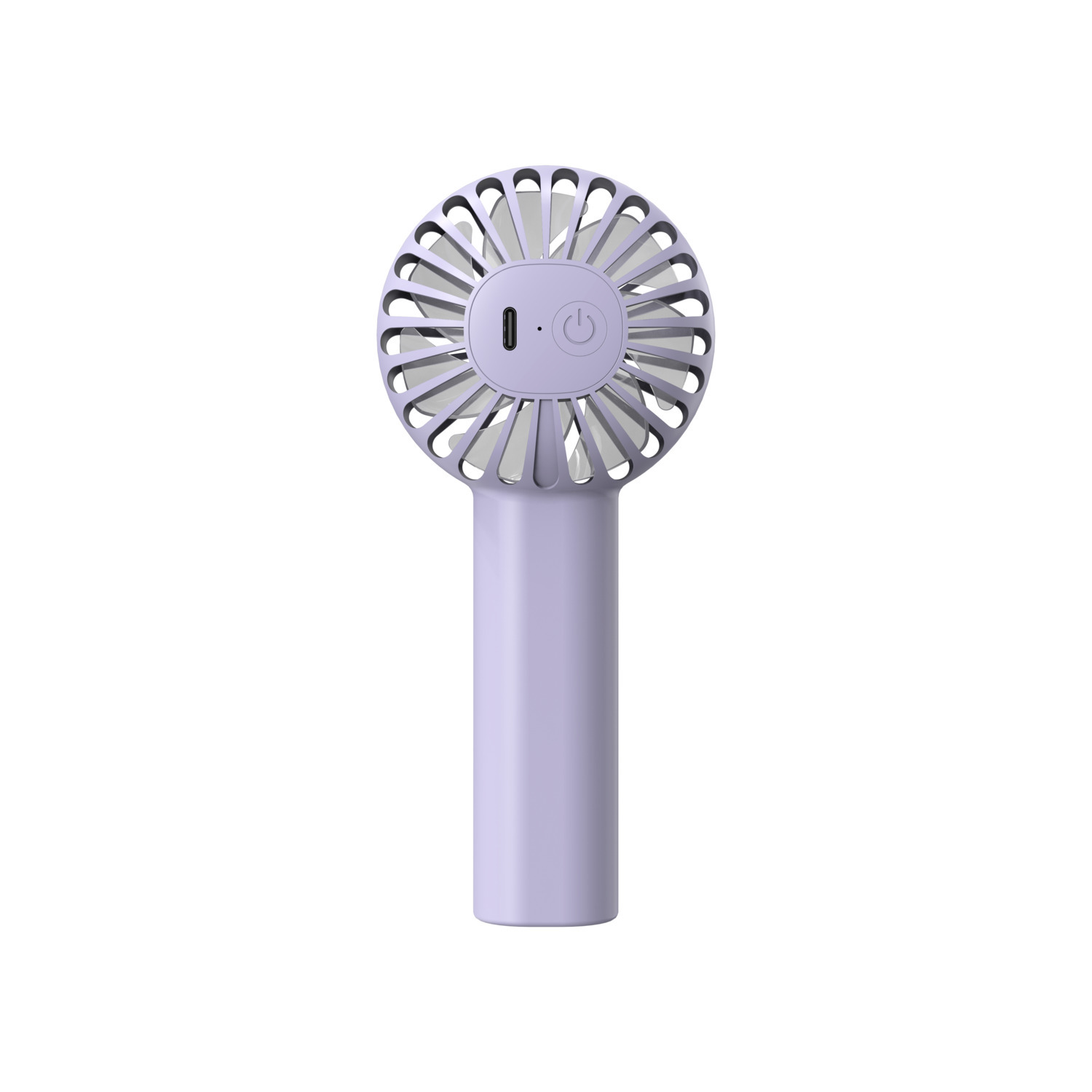 Un ventilateur portable violet avec un bouton d'alimentation, sur fond blanc.