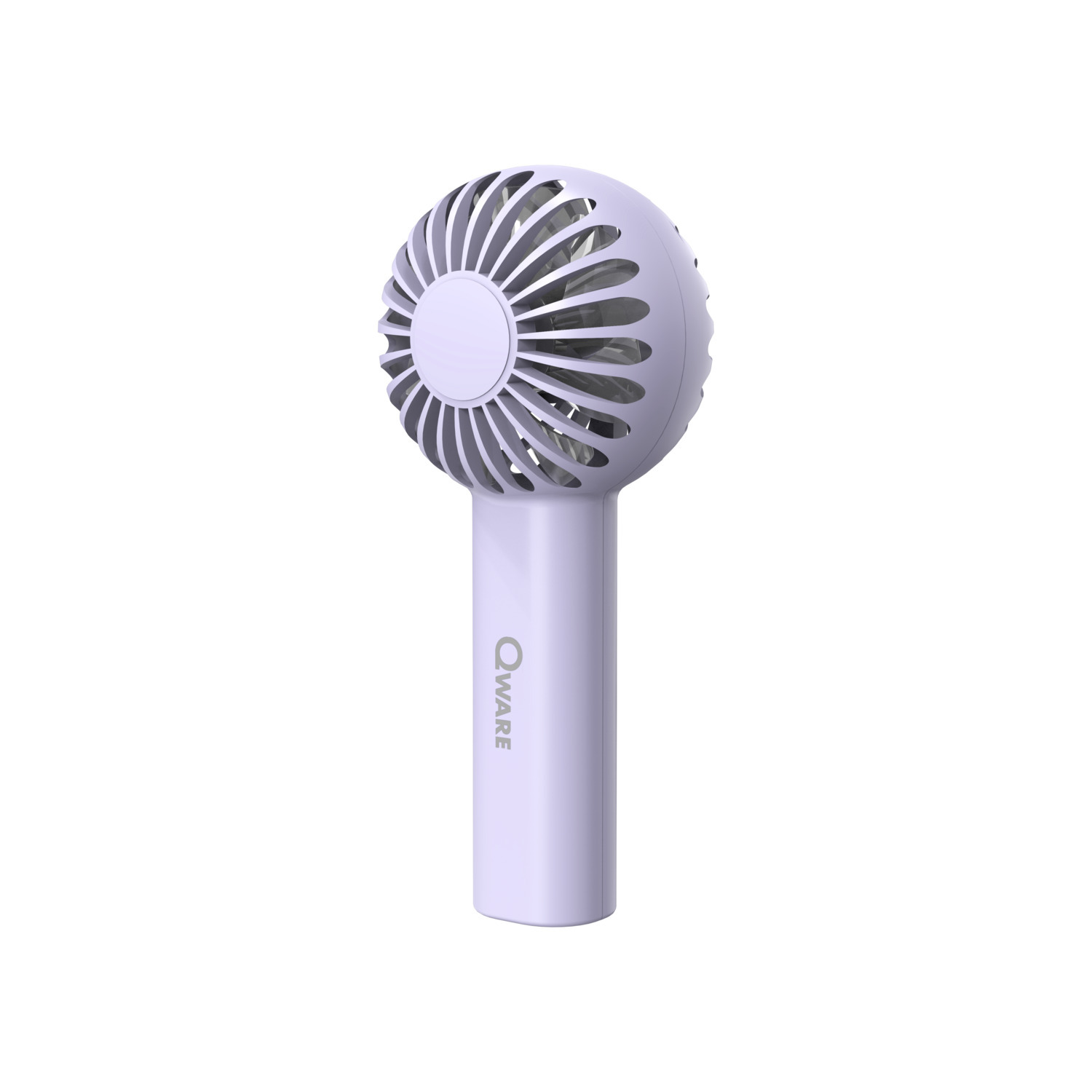 Un ventilateur portatif avec un corps blanc, une tête de ventilateur ronde et une poignée. La marque est Qware.