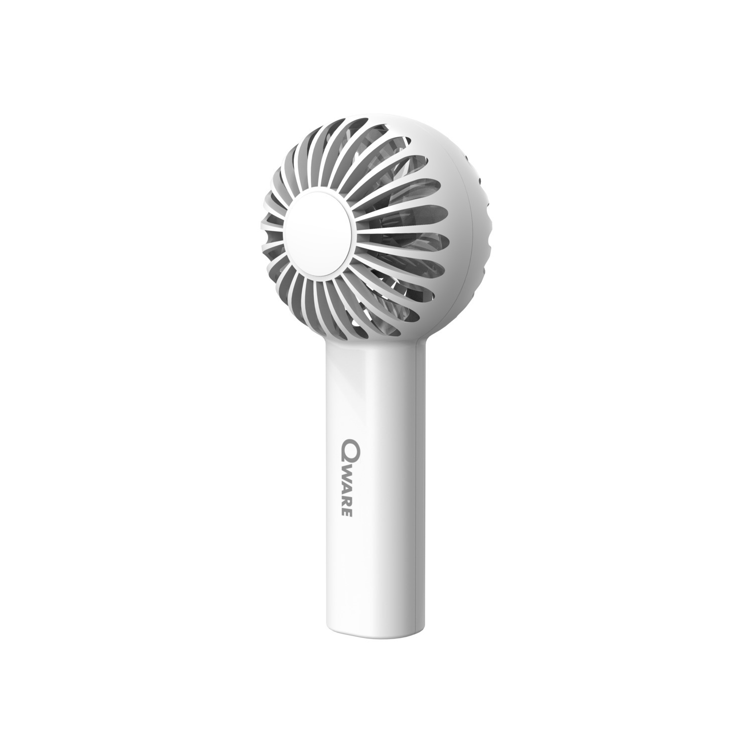 Ventilateur portable blanc avec une poignée. Il a une tête de ventilateur ronde.