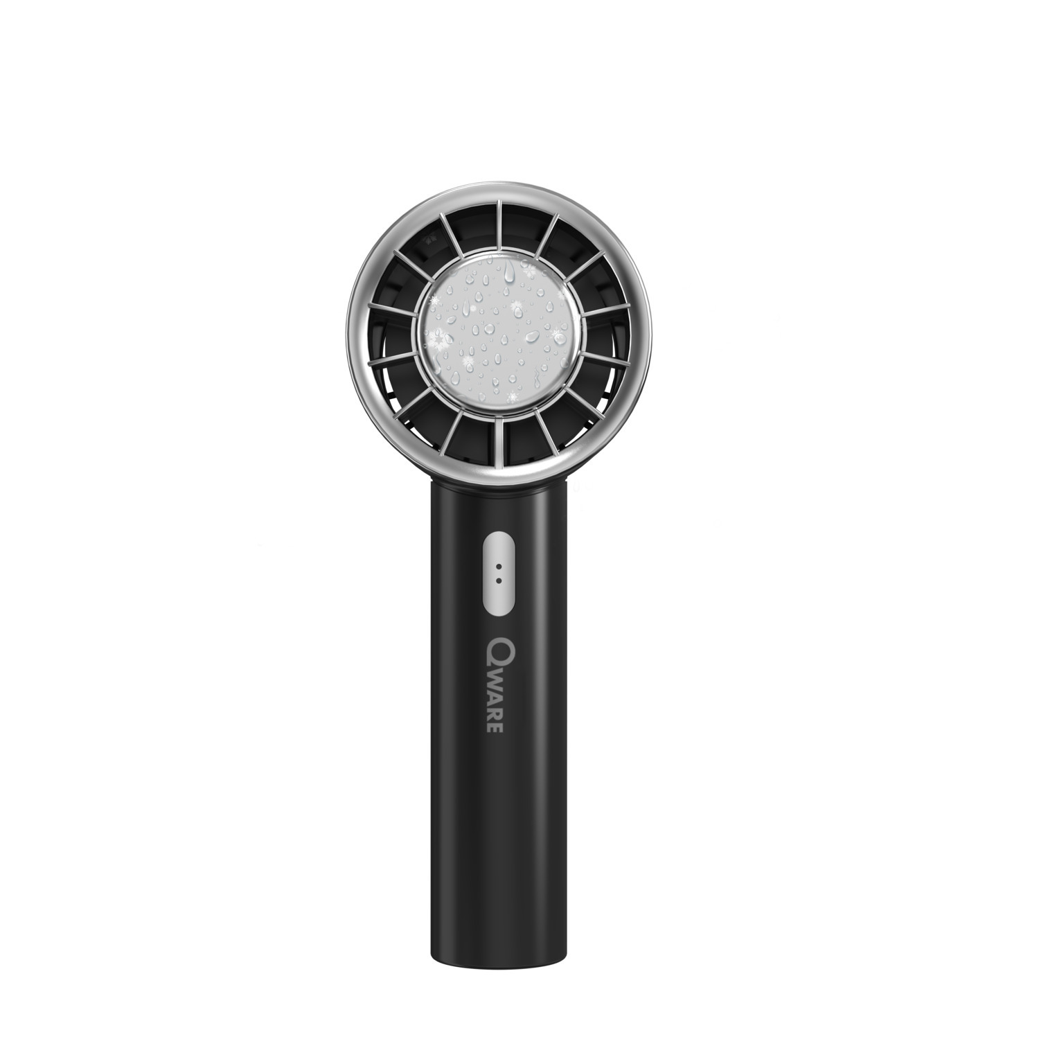 Ventilateur portatif noir avec un anneau chromé et un motif argenté en forme de goutte d'eau au centre.
