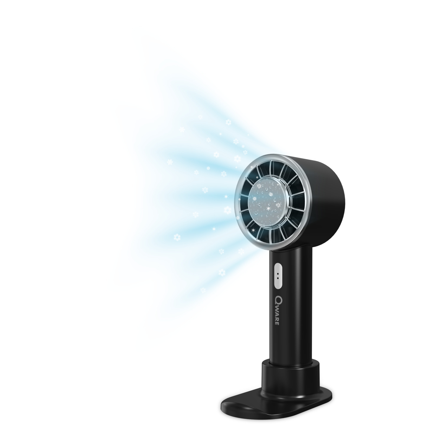 Ventilateur portable noir émettant de l'air bleu, avec un support. Le ventilateur a un design circulaire.