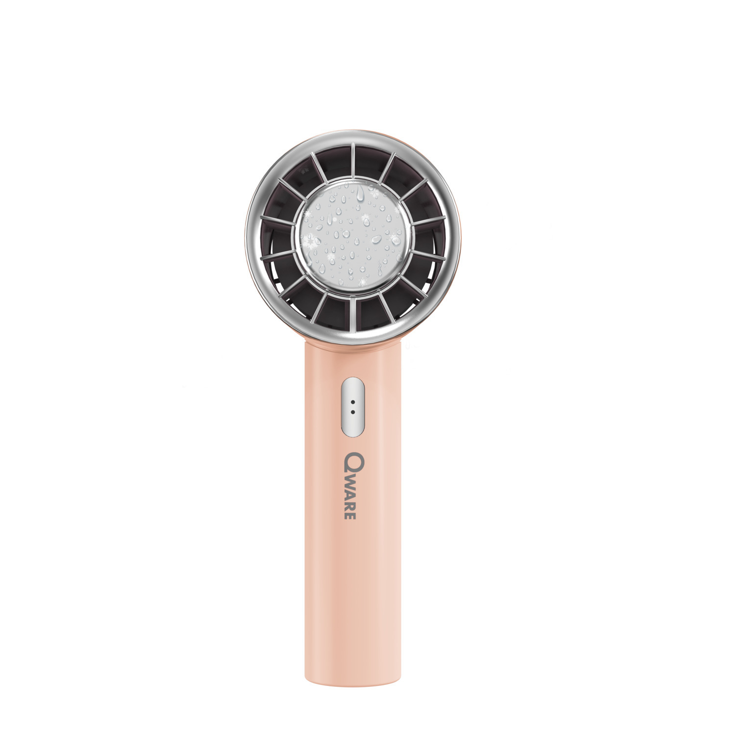 Ventilateur Qware rose avec grille et poignée argentées, debout.