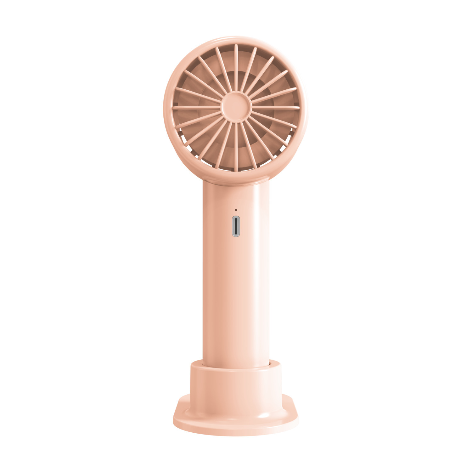 Un ventilateur portable rose, debout. Il a un ventilateur rond et une poignée cylindrique.