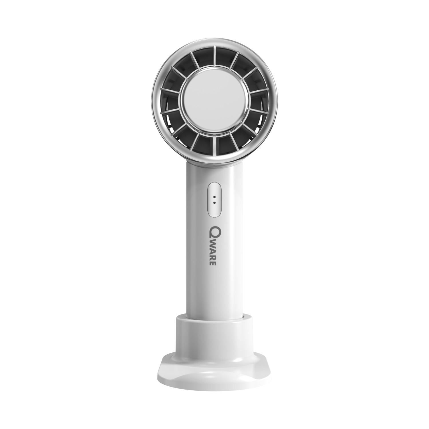 A white portable fan with a circular grill. It has a white base and a handle.