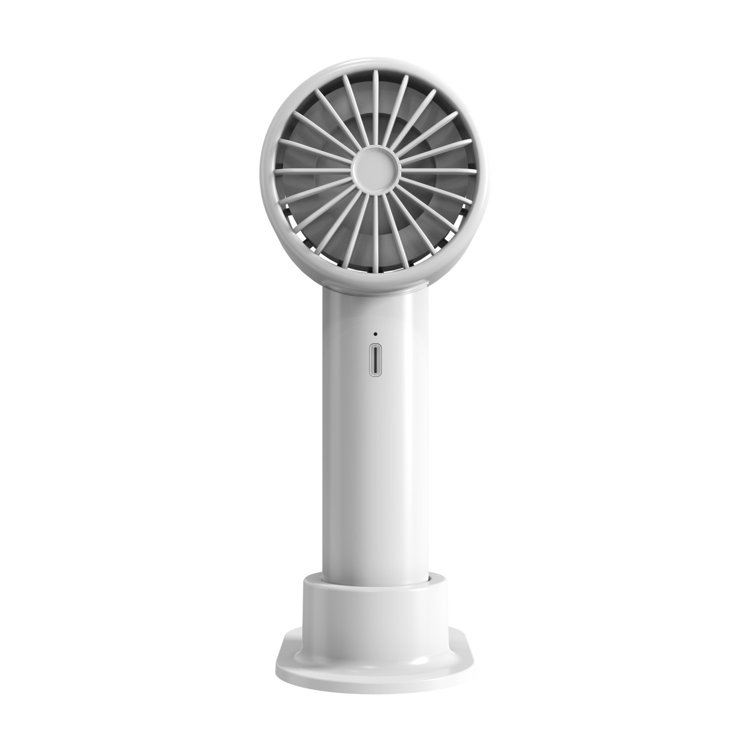 A white portable fan on a white base, with the fan blades visible.