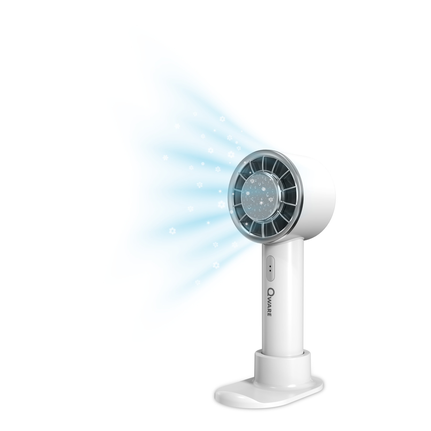 White handheld fan with blue air blowing from it. Snowflakes are drawn in the air.