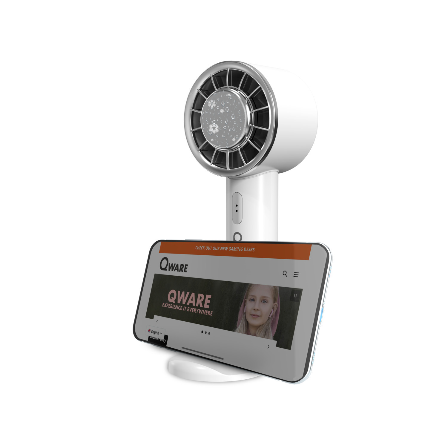 White speaker with a phone displaying a website, on a white base.