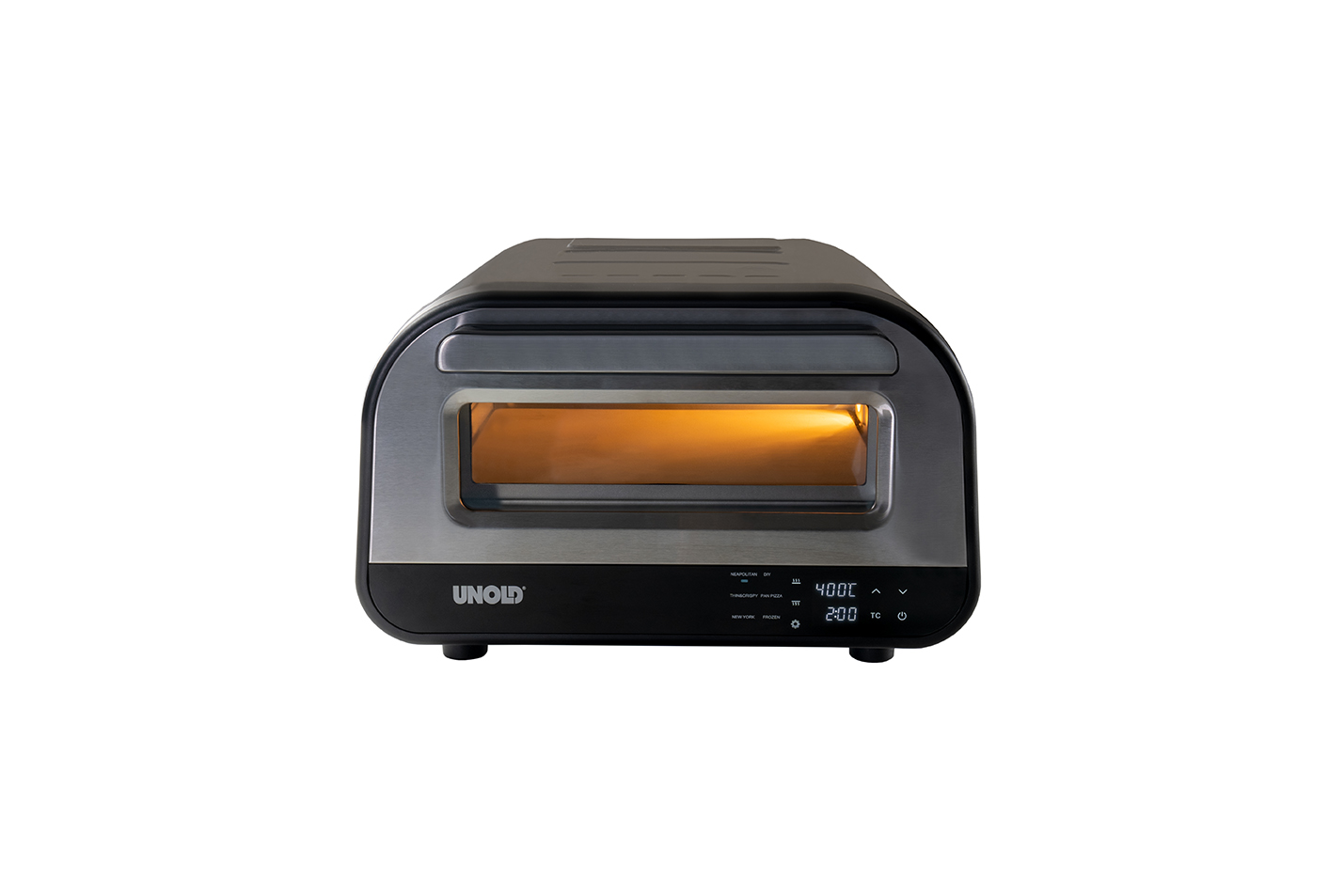 Schwarz-silberner Toasterofen mit Glastür. Er hat ein digitales Display und Bedienknöpfe.