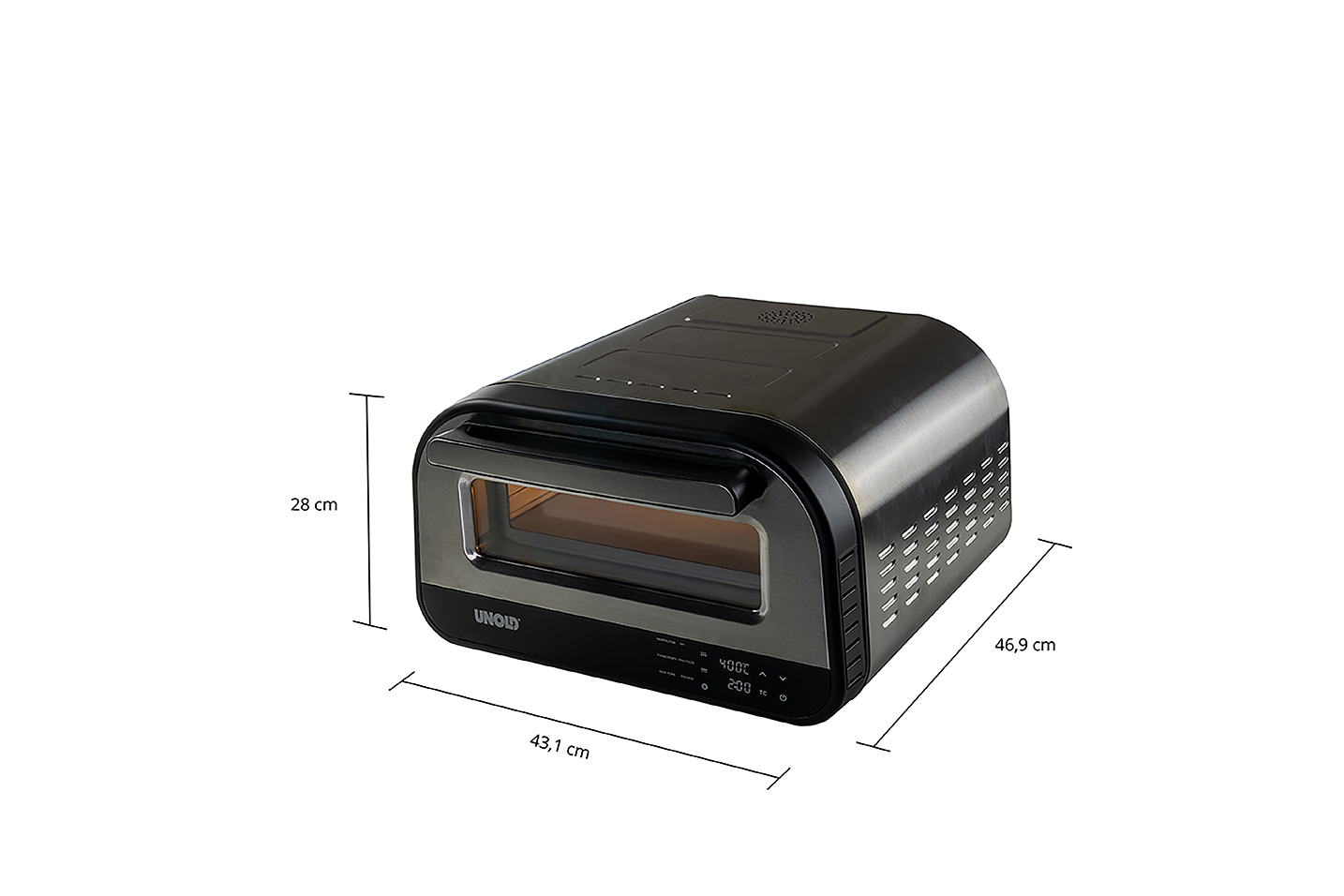 Schwarzer UNOLD Mini-Ofen, Abmessungen beschriftet: 43,1 cm, 28 cm und 46,9 cm. Vorderansicht.