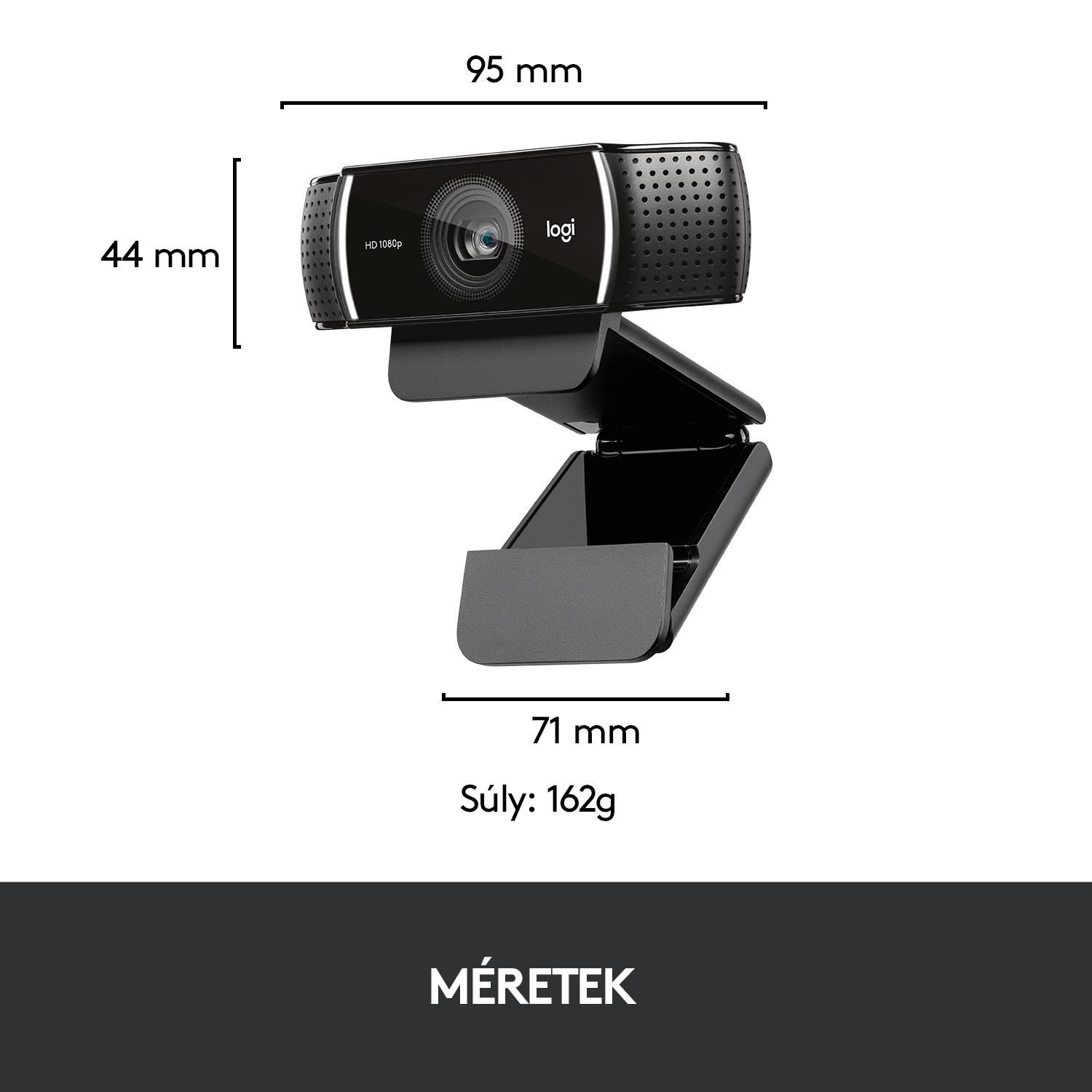 Fekete webkamera méretekkel. A háttér fehér.