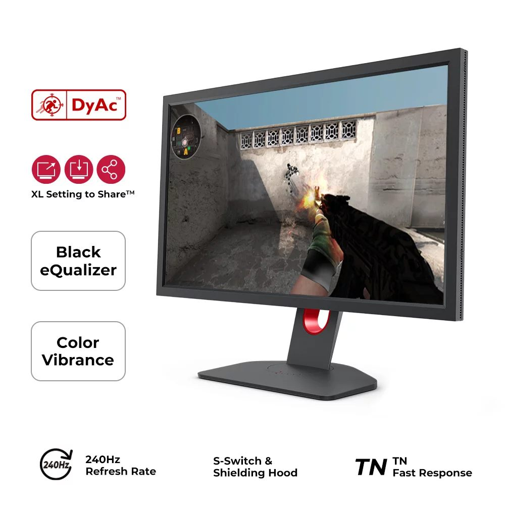 Monitor gaming mostrando un juego. Etiquetas: DyAc, Black eQualizer, Color Vibrance.