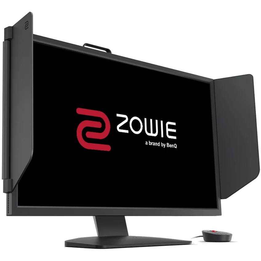 Monitor ZOWIE negro con protectores laterales y logo rojo. Un ratón está delante.
