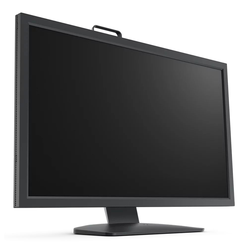 Monitor negro con soporte, vista en ángulo, sobre fondo blanco. Una pequeña asa en la parte superior.