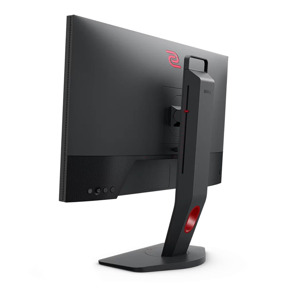 Parte trasera de un monitor de juegos negro y rojo. Se ve un asa y detalles rojos.