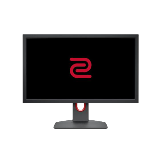 Monitor negro con logo ZOWIE rojo sobre fondo negro y soporte rojo.