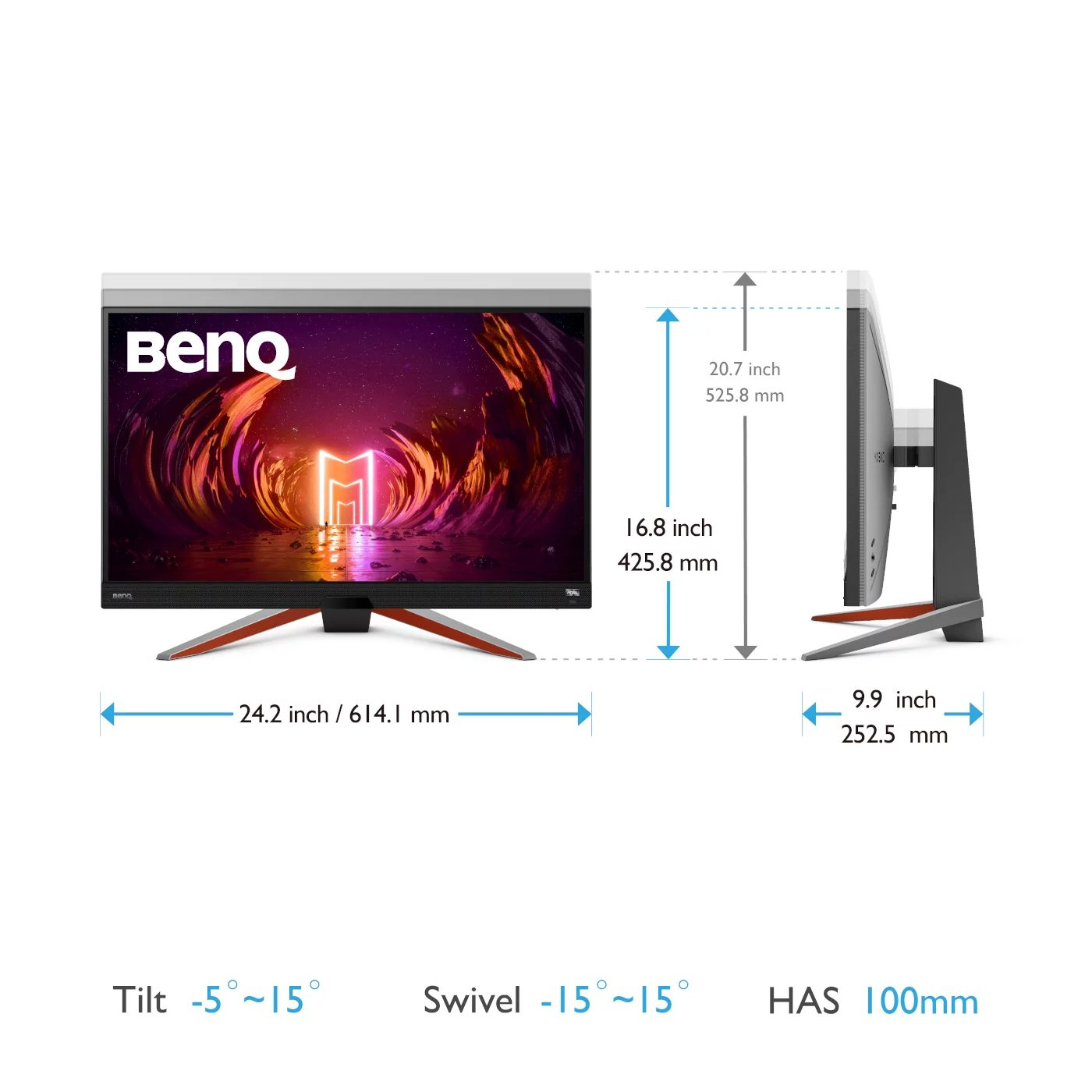 Se muestran las dimensiones del monitor BenQ, incluyendo altura, ancho, inclinación y ángulos de giro.