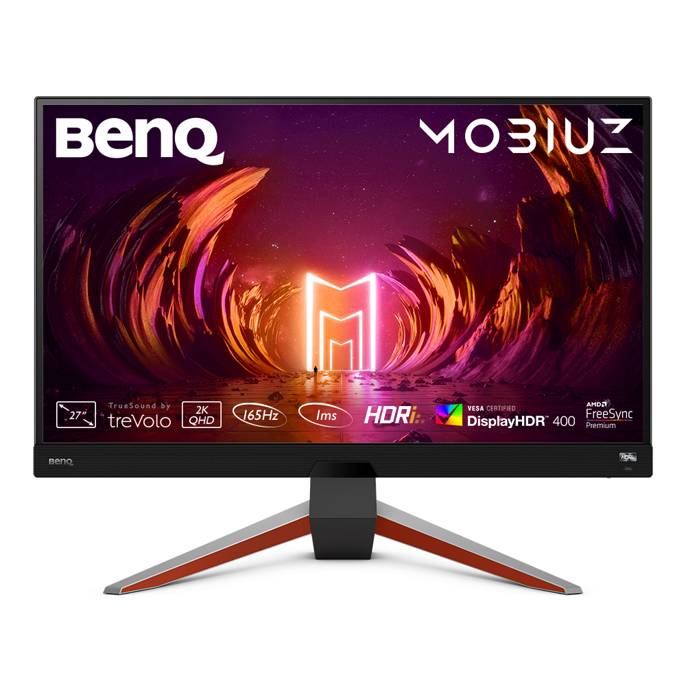 Monitor BenQ MOBIUZ de 27 pulgadas. Tiene una pantalla curva y un soporte rojo y negro.