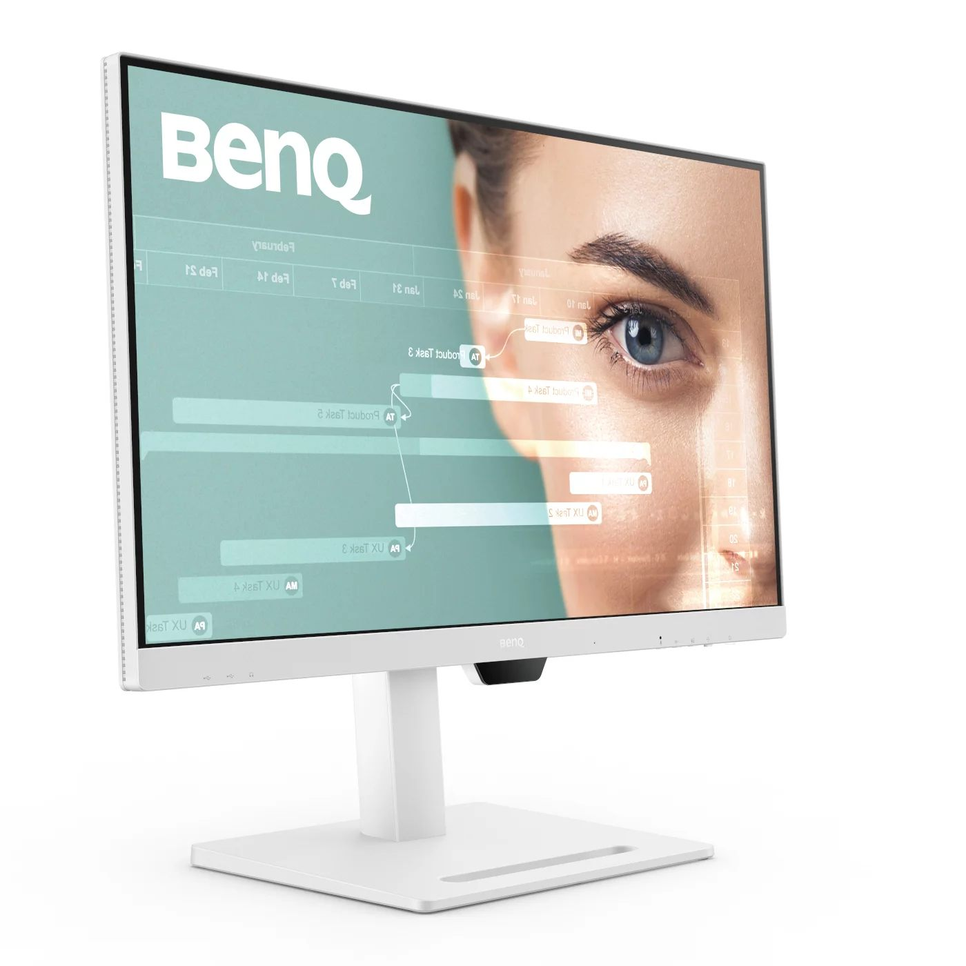 Un monitor blanco muestra un ojo, con el logo de BenQ en la parte superior.