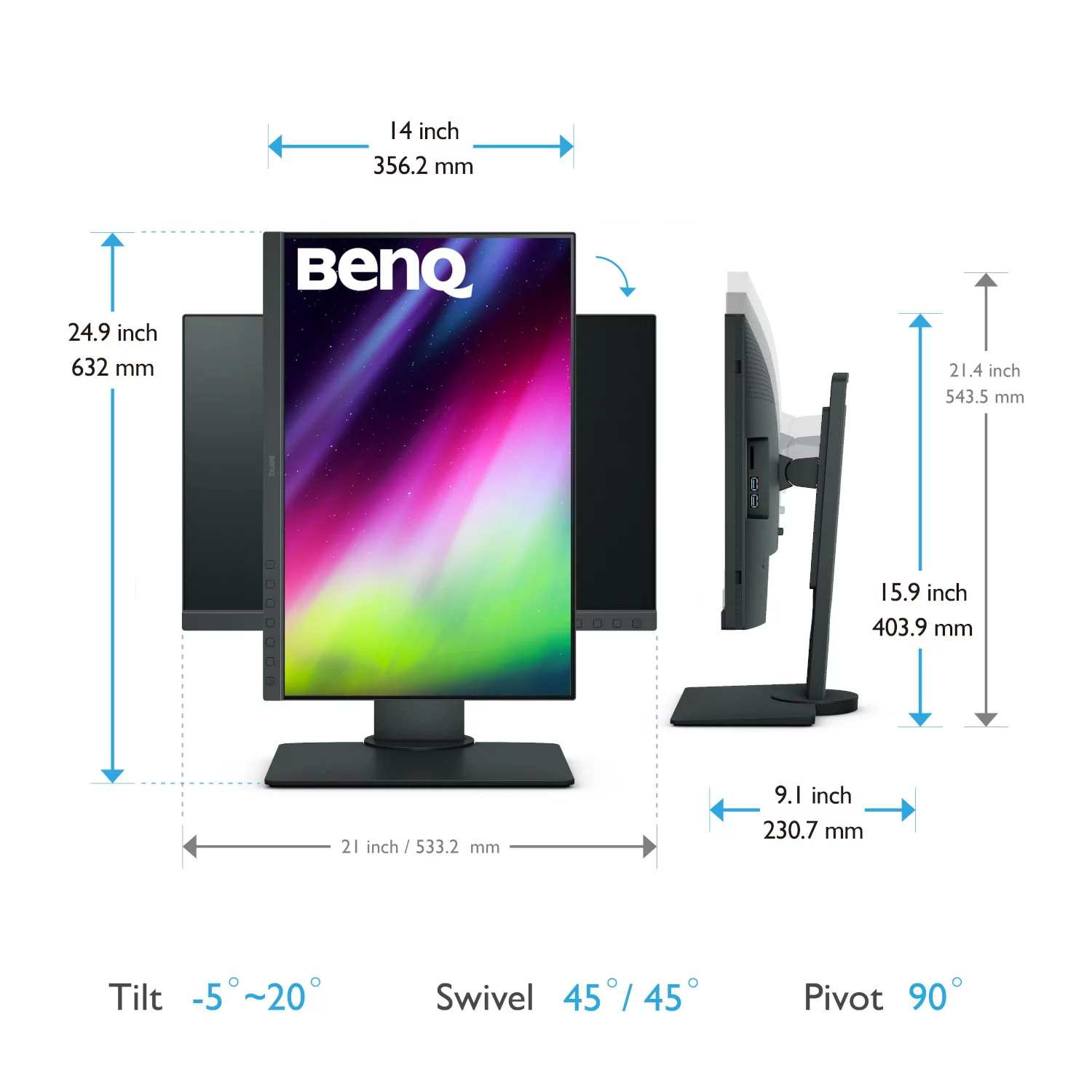 Monitor BenQ que muestra dimensiones: altura, ancho y ángulos de inclinación/giro.
