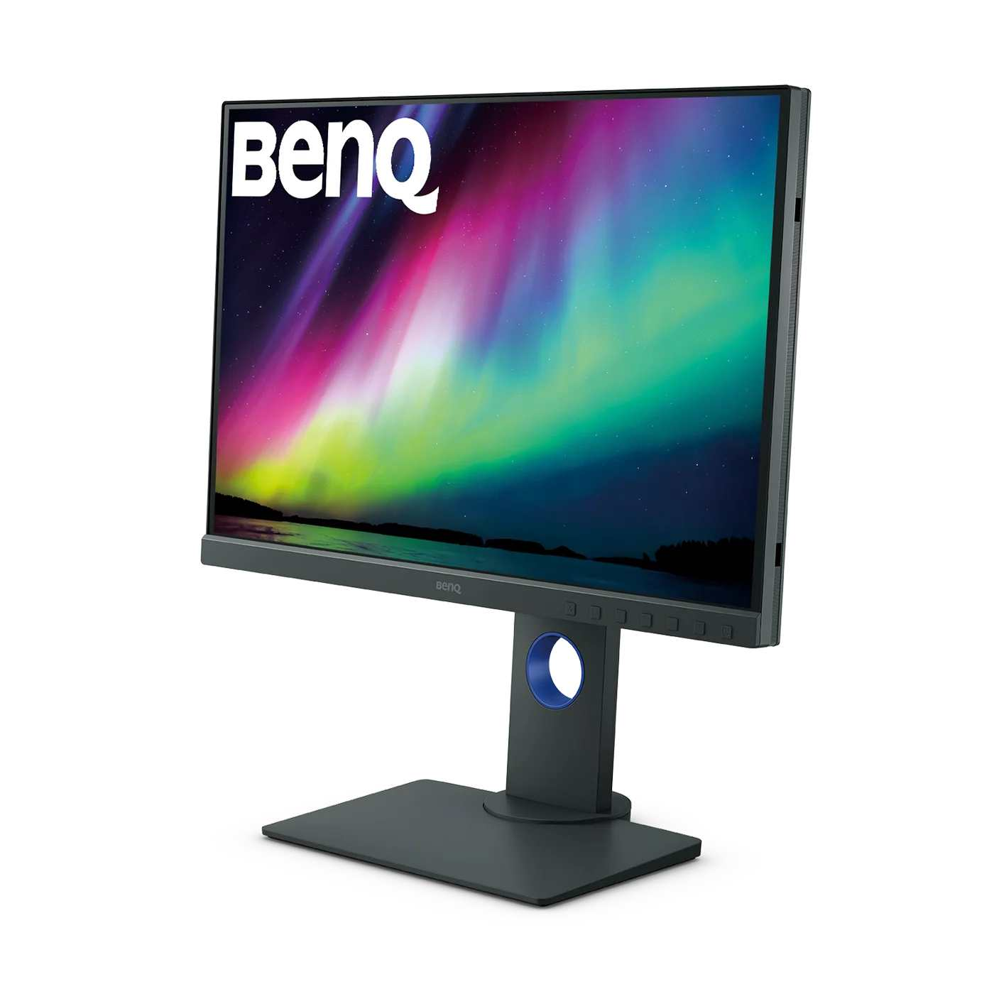 Monitor BenQ con pantalla colorida, soporte y base azules, fondo blanco.