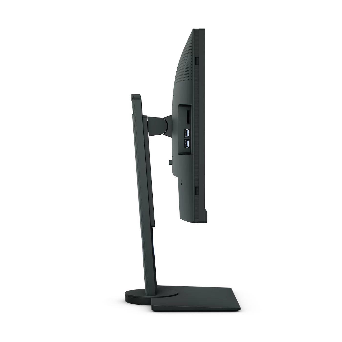 Un monitor de computadora negro, vista lateral. El monitor está sobre un soporte. Los puertos son visibles.