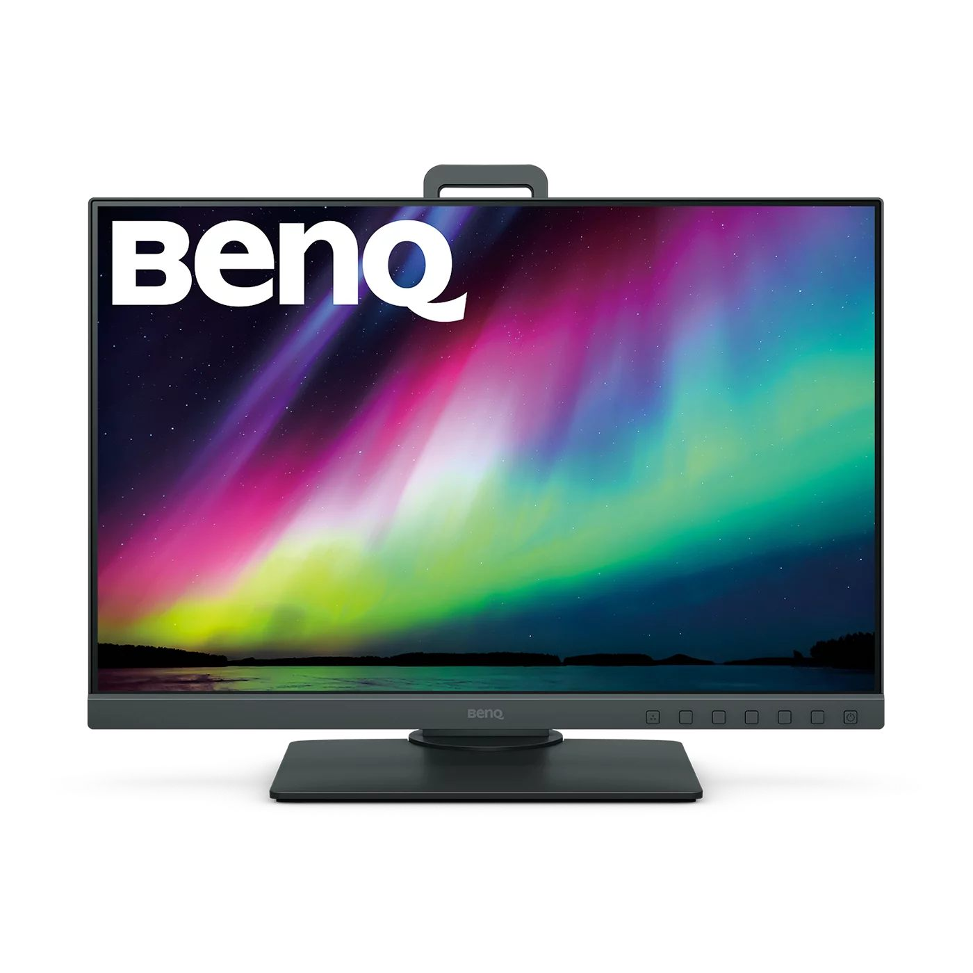 Monitor BenQ mostrando una aurora colorida. Logotipo BenQ blanco. Marco y soporte gris oscuro.