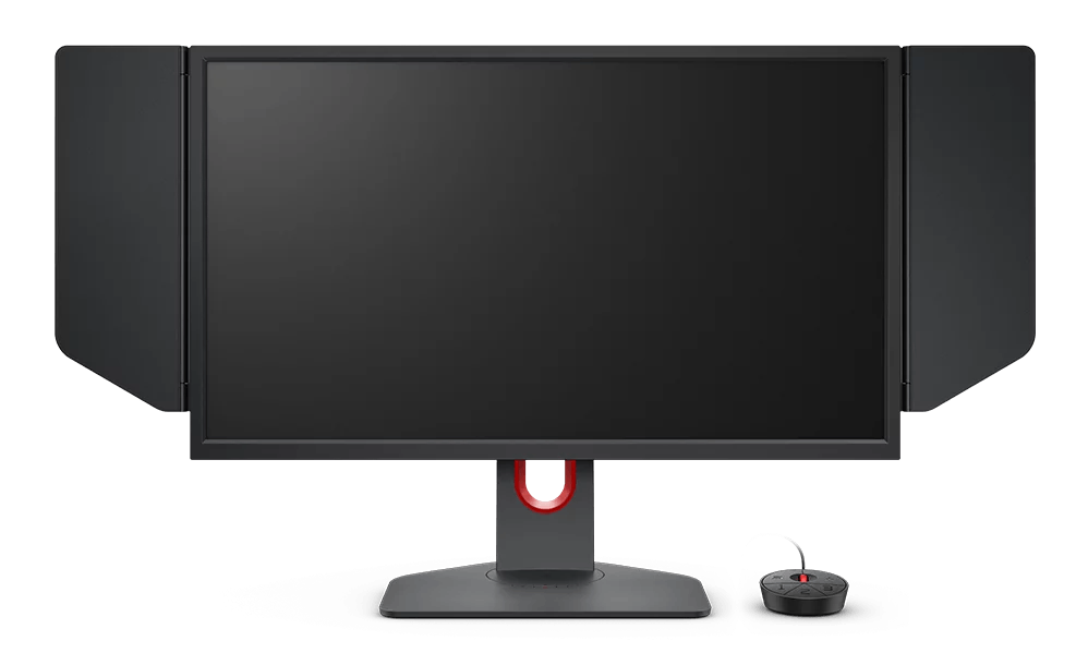 Monitor negro con paneles laterales, detalles rojos. Un pequeño controlador negro abajo a la derecha.