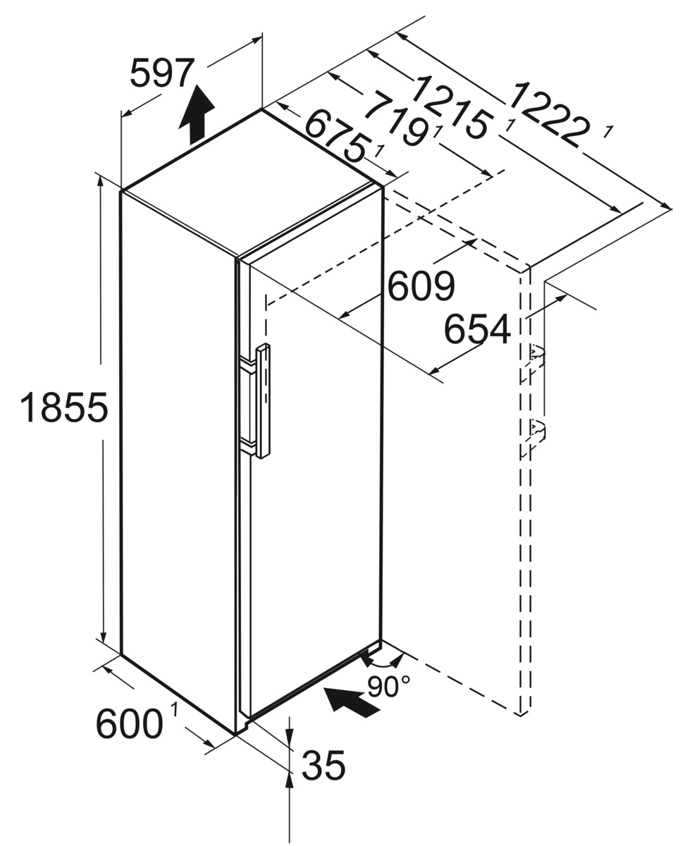 Diagramm eines Kühlschranks mit Abmessungen in Millimetern. Die Tür ist geöffnet.