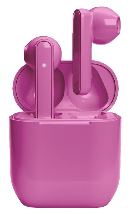 Para różowych słuchawek w różowym etui ładującym, na białym tle.