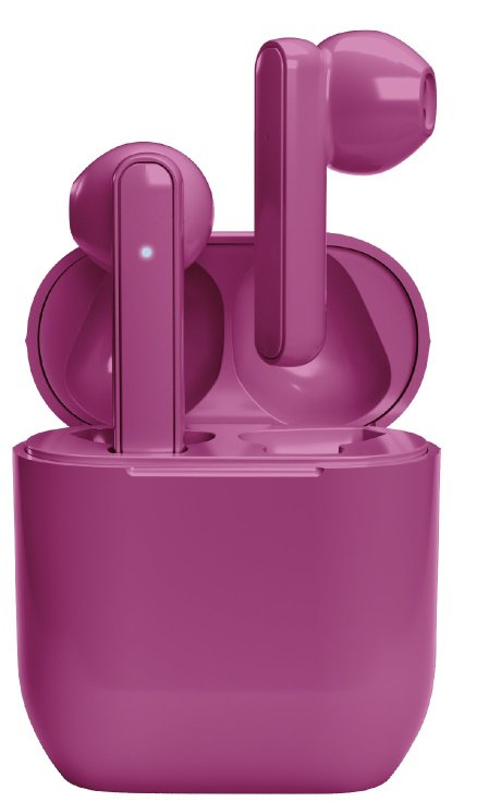 Różowe bezprzewodowe słuchawki i etui ładujące na białym tle.