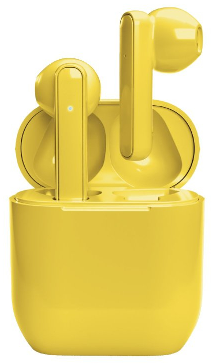 Para żółtych słuchawek w żółtym etui ładującym na białym tle.