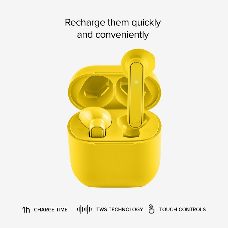 Żółte bezprzewodowe słuchawki douszne w etui ładującym, tekst mówi: Naładuj je szybko.