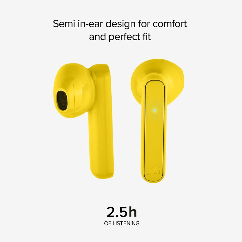 Dwie żółte bezprzewodowe słuchawki. Tekst: '2,5h słuchania'. Białe tło.