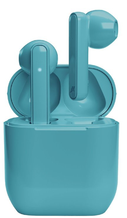 Para turkusowych słuchawek dousznych znajduje się w etui ładującym. Etui jest również turkusowe.