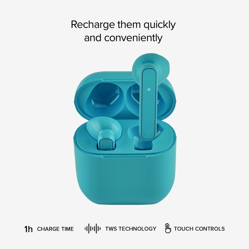 Niebieskie słuchawki w etui ładującym. Etui jest otwarte, pokazując słuchawki.