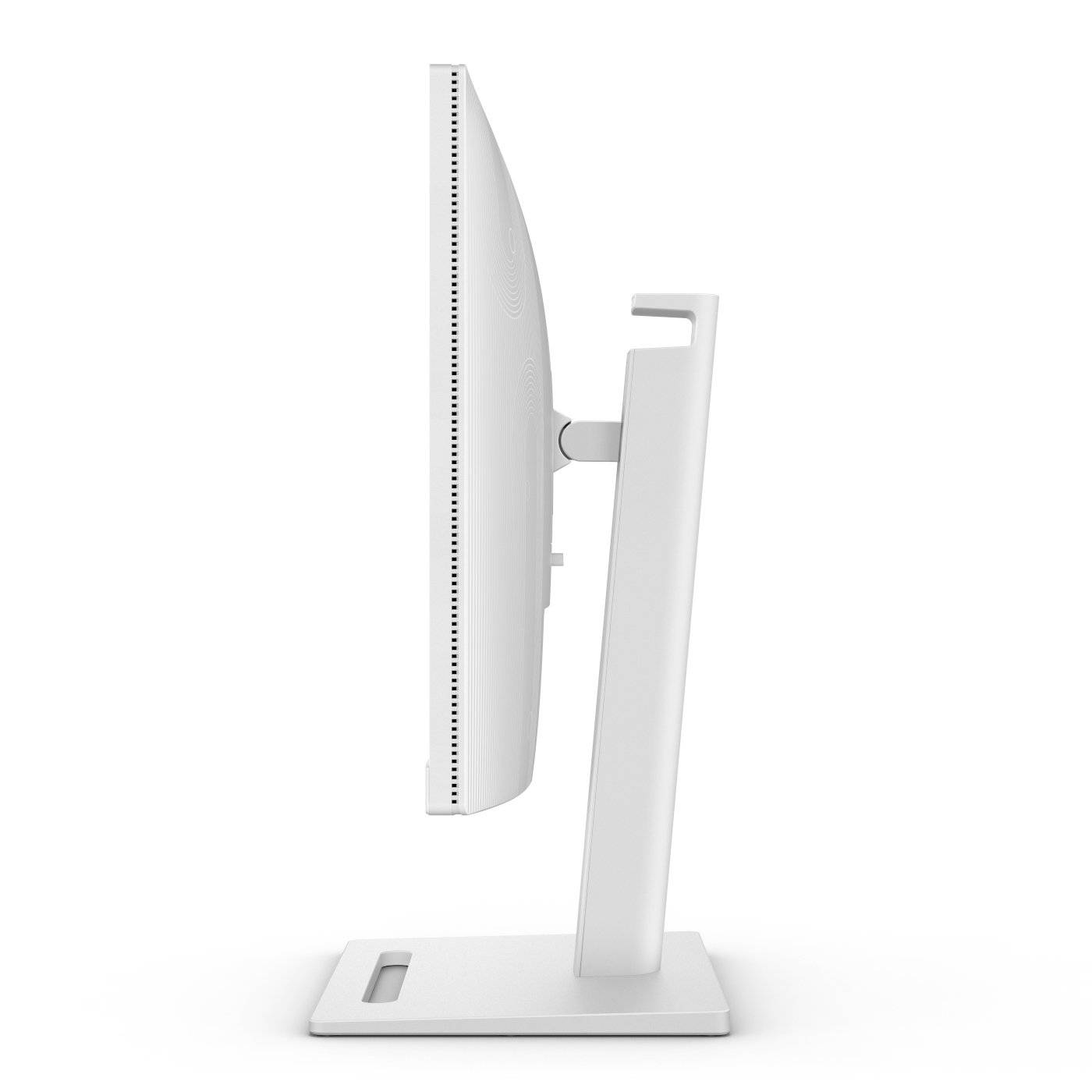 Monitor de computadora blanco, vista lateral. Cuenta con un diseño limpio, con soporte y bisel delgado.