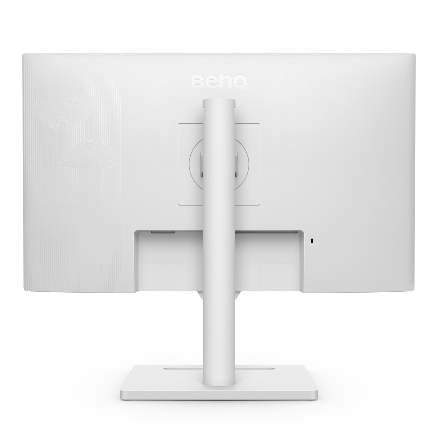 Parte trasera de monitor blanco, con soporte y puertos, sobre fondo blanco.