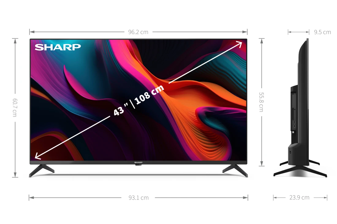 TV Sharp, 43 pulgadas, con dimensiones etiquetadas, pantalla colorida, fondo blanco.