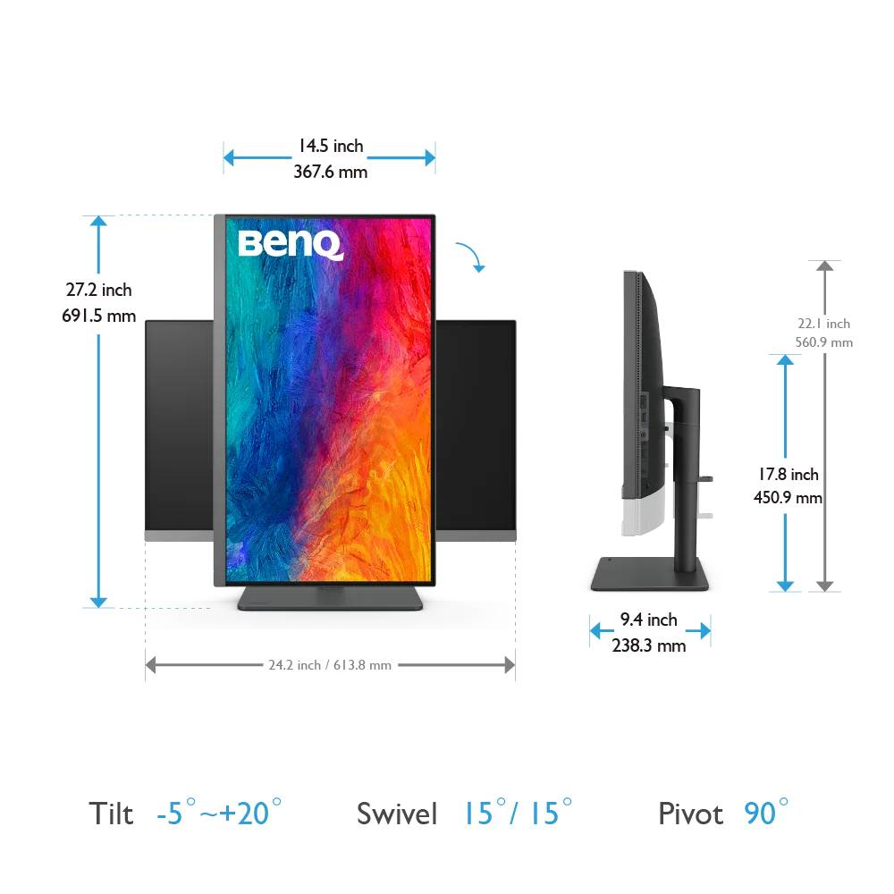Dimensiones del monitor mostradas. Pantalla en el medio y dos paneles negros a los lados.