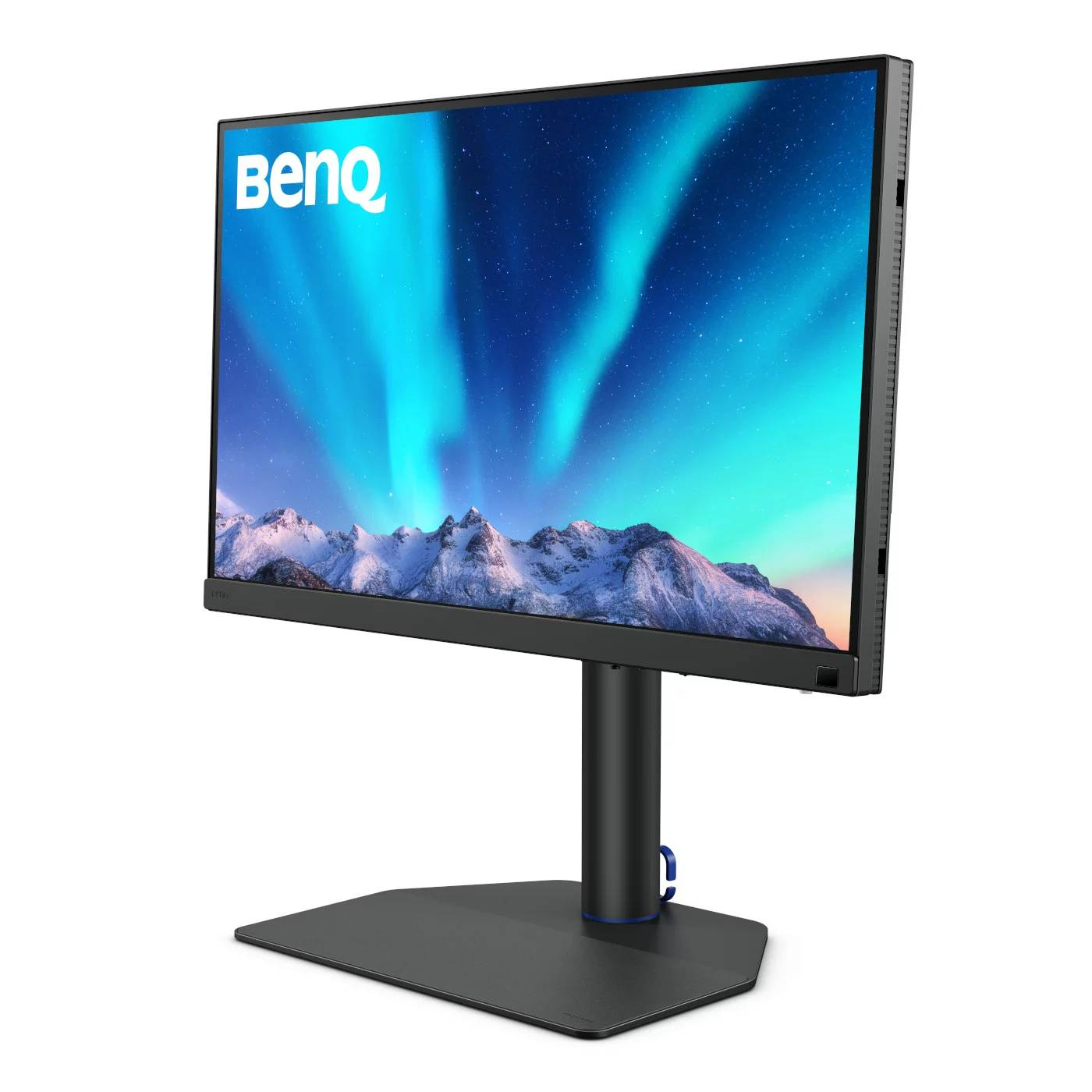 Monitor BenQ con pantalla colorida, soporte y base oscuros, fondo blanco.
