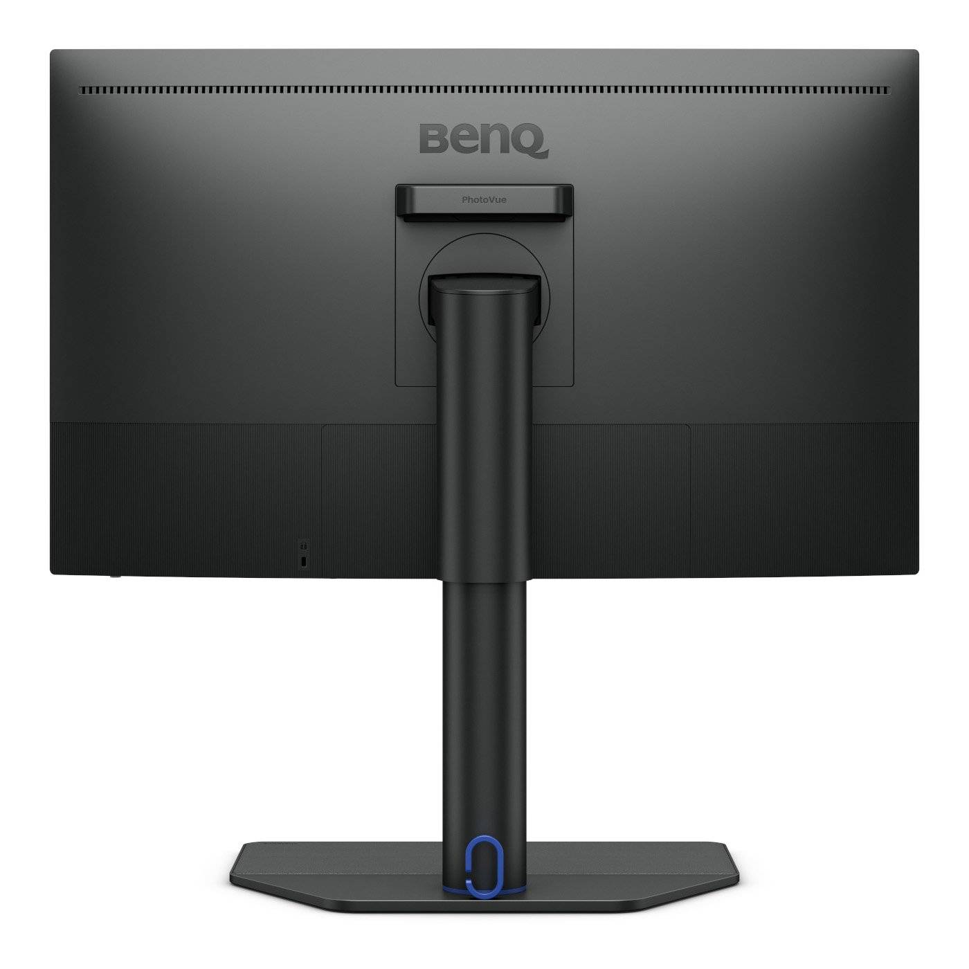 La parte trasera de un monitor BenQ negro, con soporte y logo.