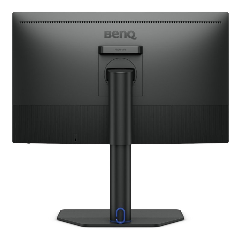 Vista trasera de un monitor de computadora negro con soporte. Visible el logo de BenQ.