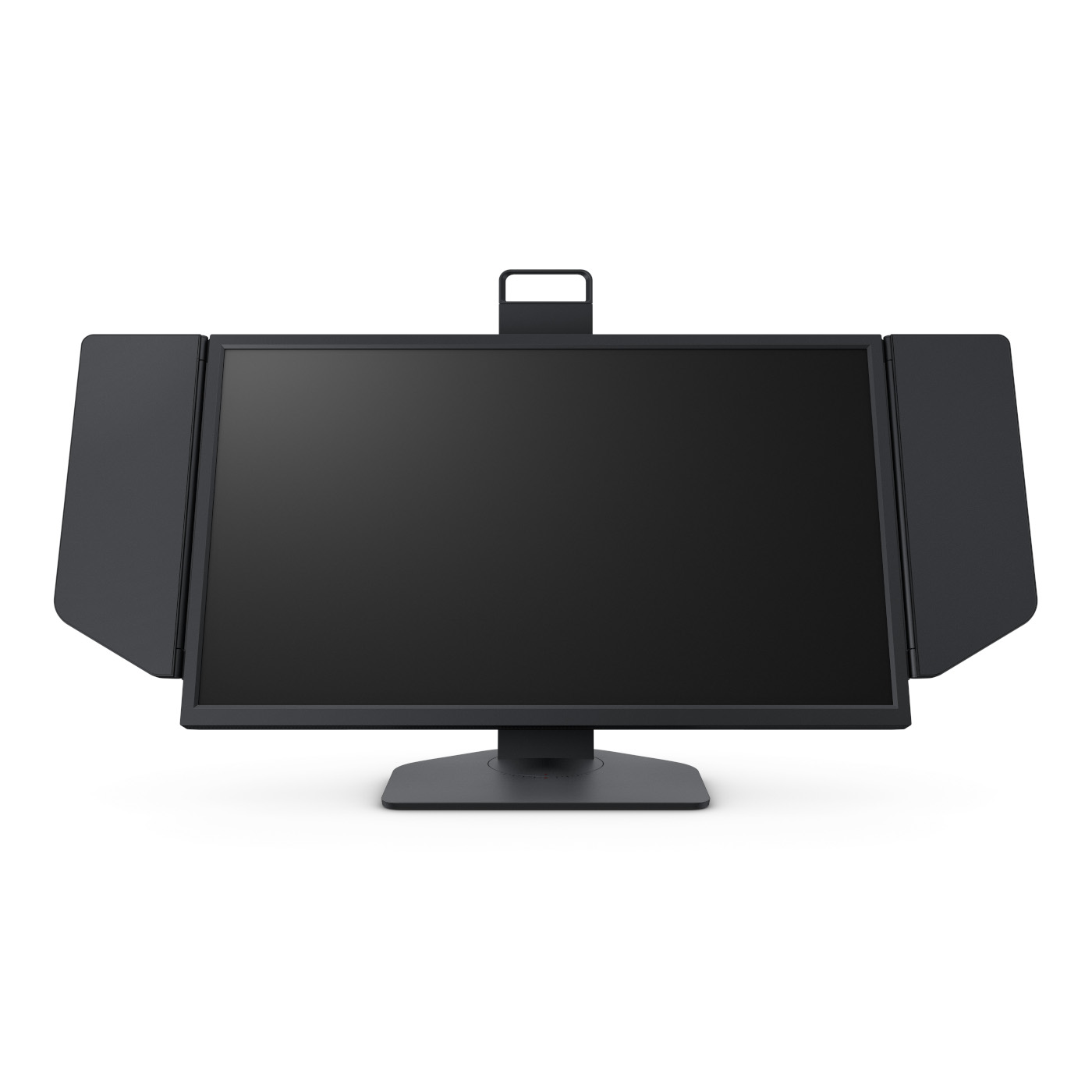 Monitor de computadora negro con viseras laterales adjuntas, sobre un soporte de escritorio.